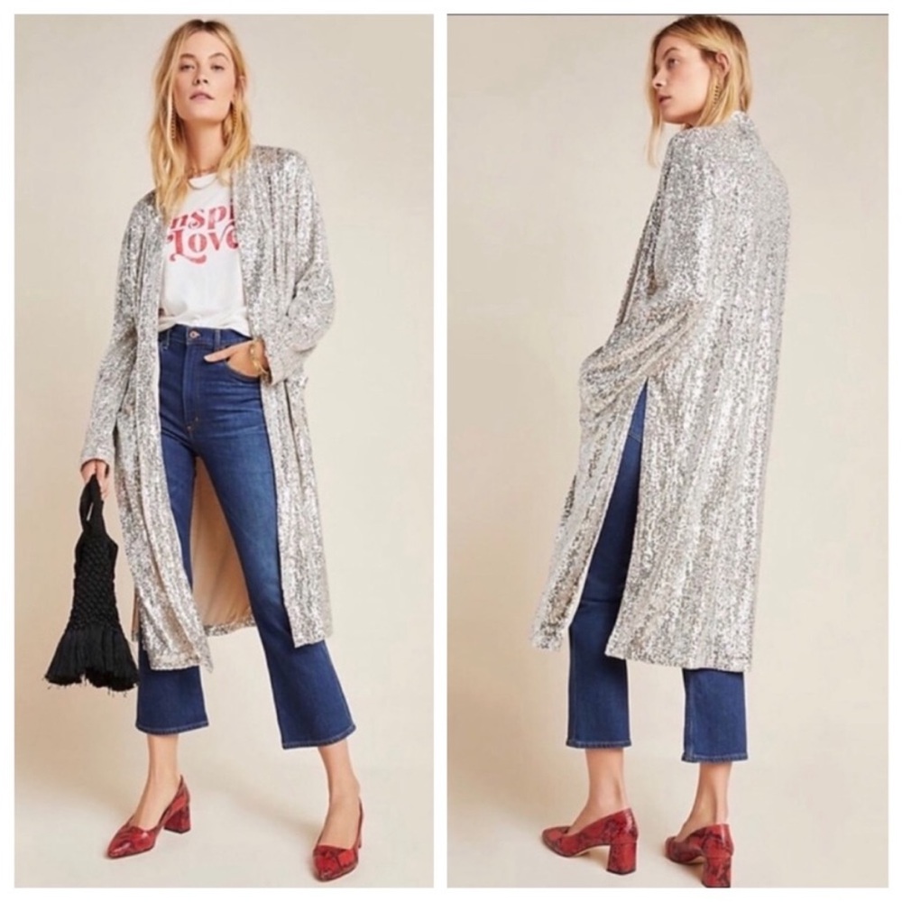 Anthropologie | BB Dakota Silver Sequin Duster Coat